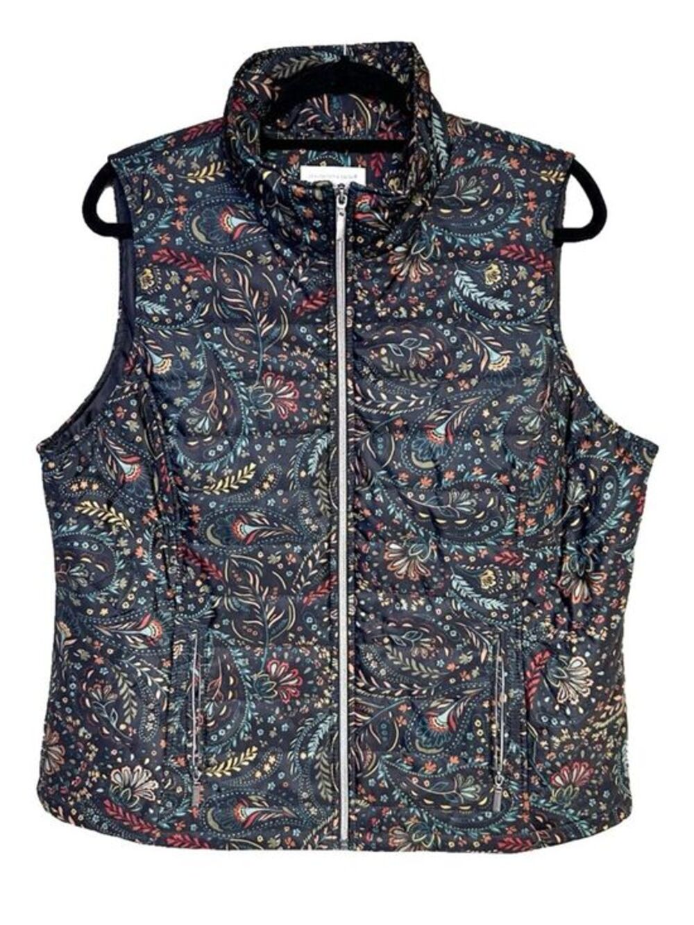 Christopher & Banks XL Paisley Green Zip Puffer Vest Boho Cottage Cabin Outdoors